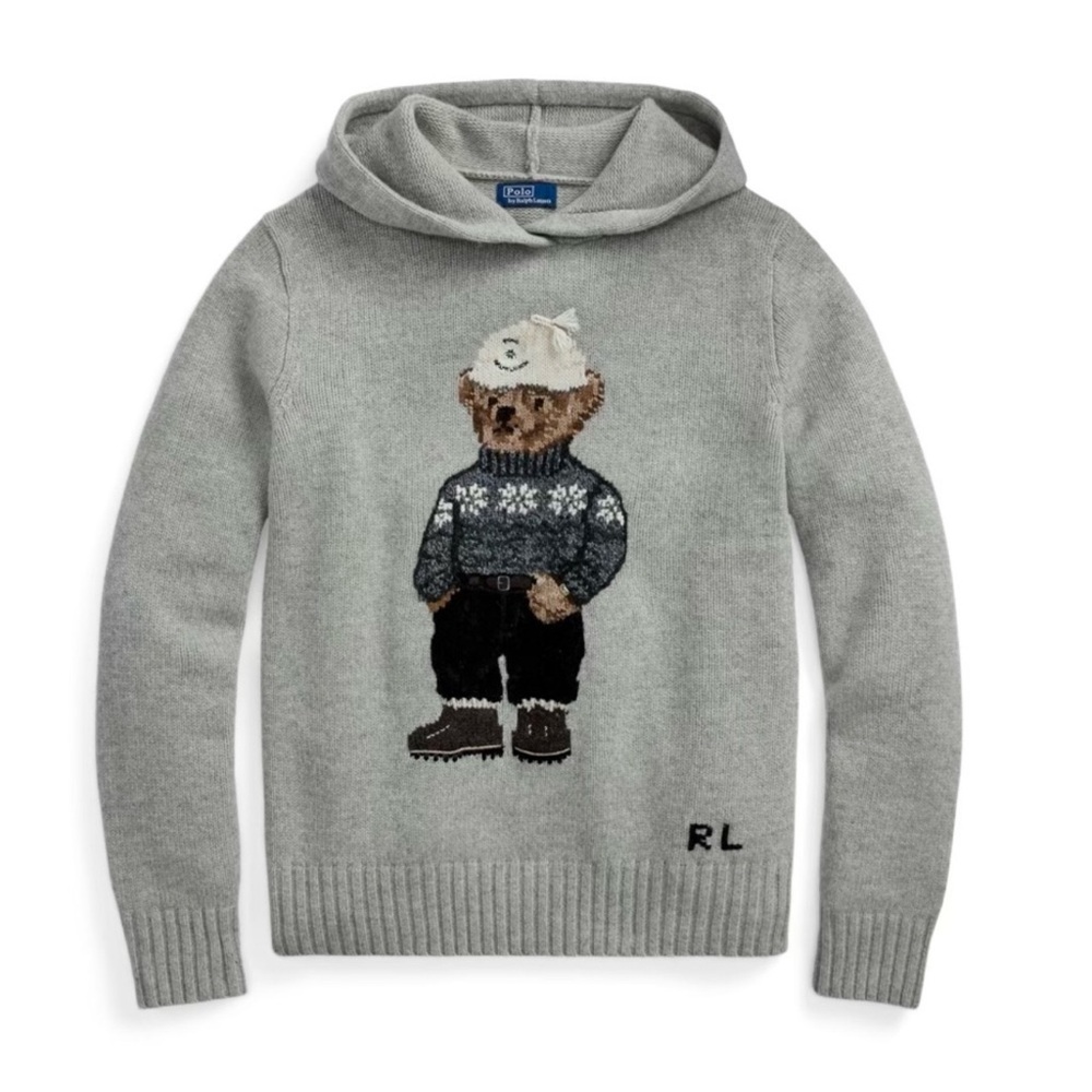 Ralph Lauren Light Gray Knit Hoodie with Bear Motif